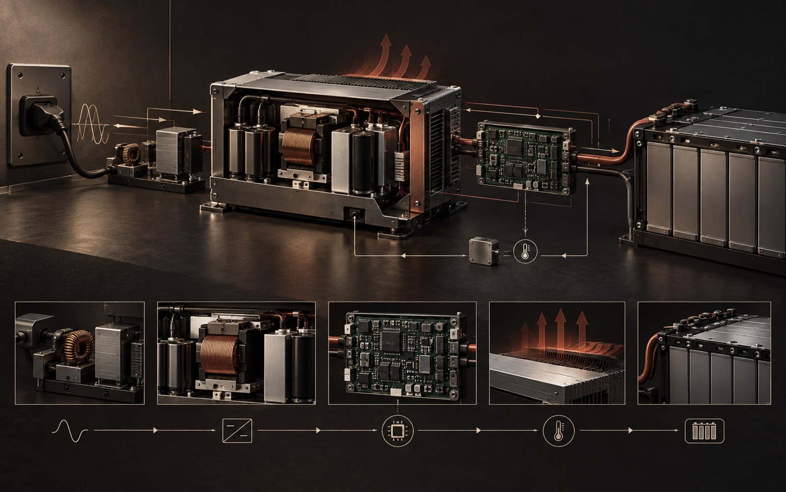 Abstract smart lithium charger architecture connecting power conversion, embedded control and battery output